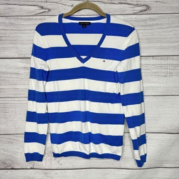 TOMMY HILFIGER V-NECK WHITE BLUE STRIPES SWEATER WOMEN'S SIZE S‎ - Picture 1 of 6